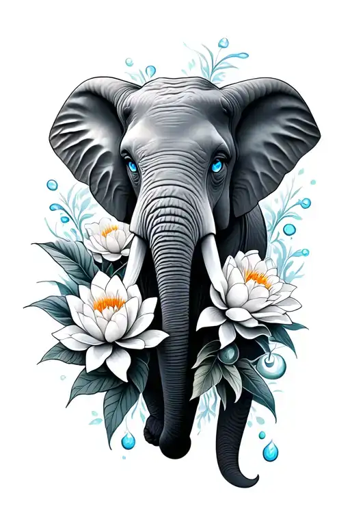 Elephant Face With Blue Eyes Surrounded By Carnations And Water Lilies