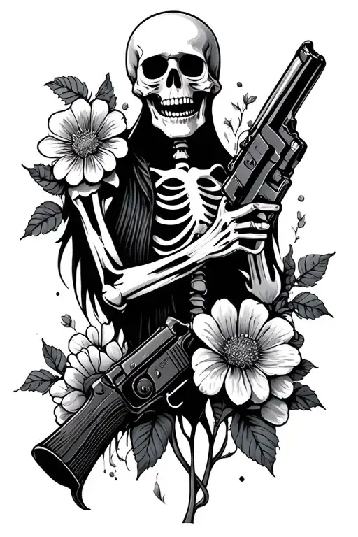 Skeleton Ghost Holding Gun Toawards Head And Shooting Out Flowers