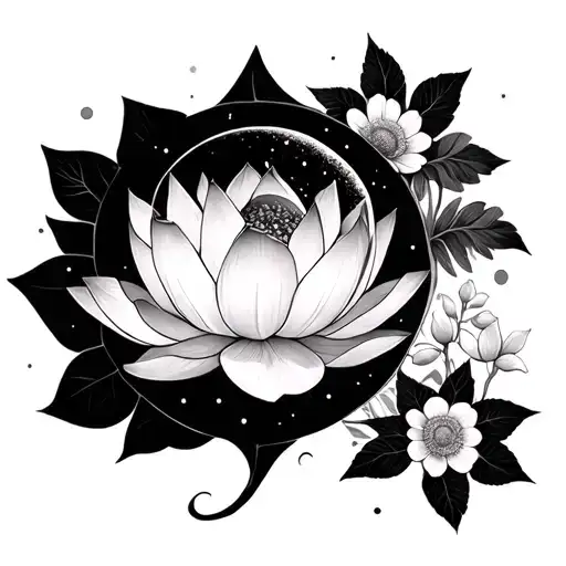 Lotus Flower And Moon Phases With Some Flowers