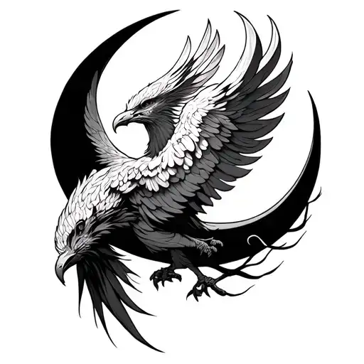 Phoenix Within Crescent Moon Surrounded