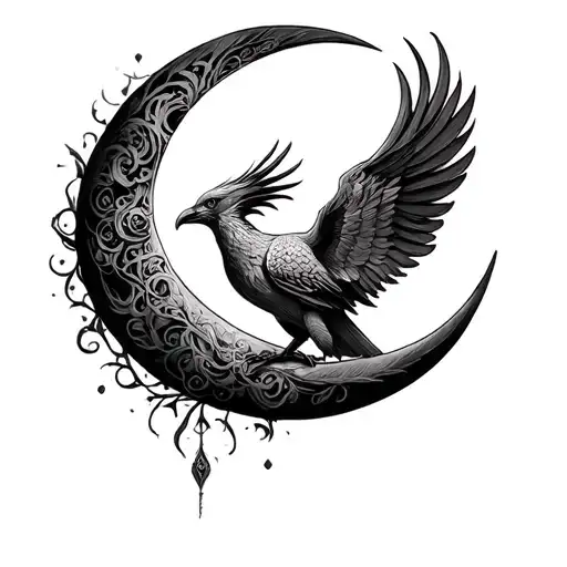 Phoenix Within Crescent Moon Surrounded