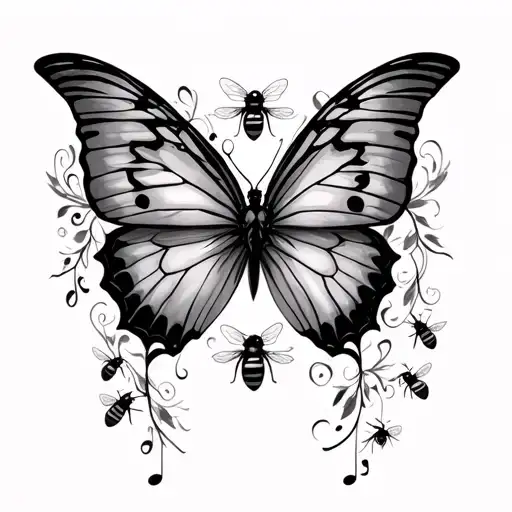 Music Half Sleeve Butterfly And Bees