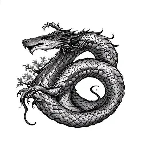 The Ancient Serpent Jormungandr Entwining Himself Around The Kremmi Of The World Tree Yggdrasil With