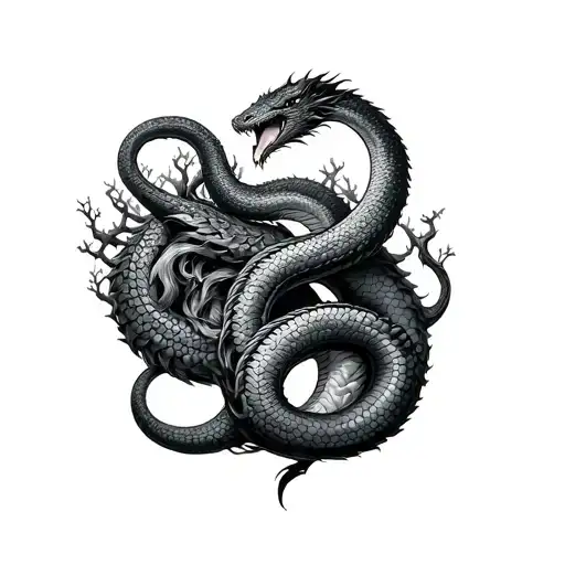 The Ancient Serpent Jormungandr Entwining Himself Around The Kremmi Of The World Tree Yggdrasil With