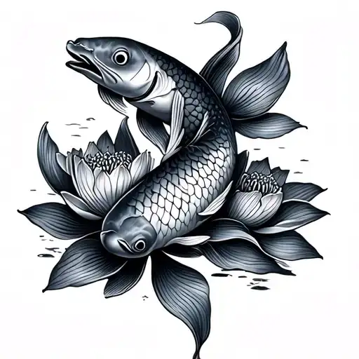 Koi Fishes With Lotus Flower