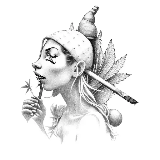 A Black-grey Tattoo Of A Marijuana Fairy Holding A Construction Tool