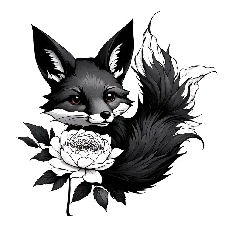 Fox With A Spread Tail With A Peony Flower