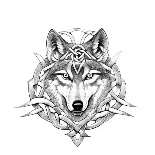 A Celtic Knotwork Design Featuring A Stack Of Books And A Wolf's Head