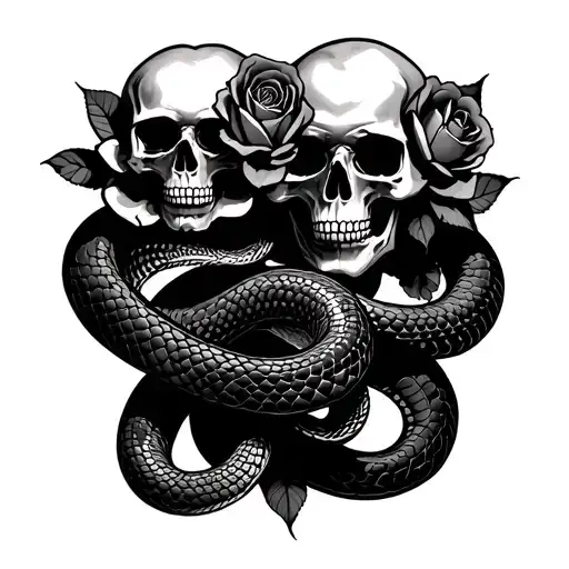 Snake With 2 Roses And Skull