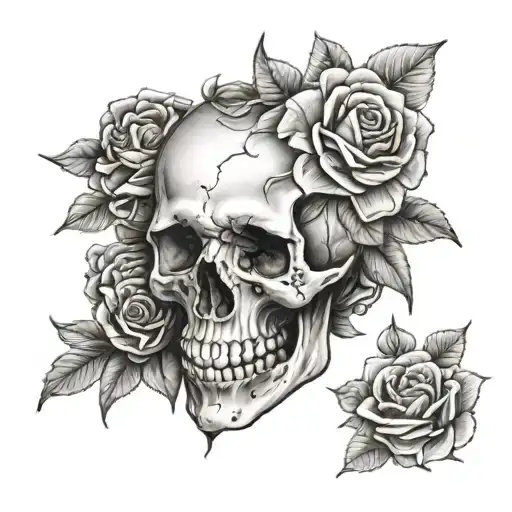 Skull And Flowers Black And Grey Realistic