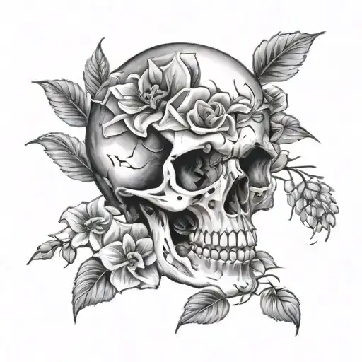 Skull And Flowers Black And Grey Realistic