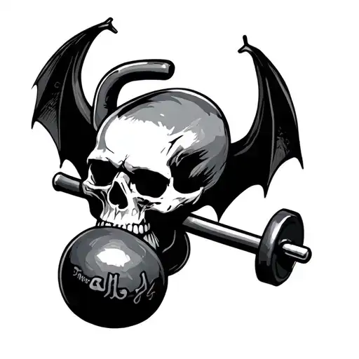 Kettlebell Skull With Bat Wing Attached To Sides With Barbell In Skull's Mouth
