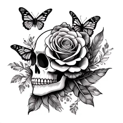 Sugar Skull That Is Also A Blooming Rose With Feathers And Butterflys