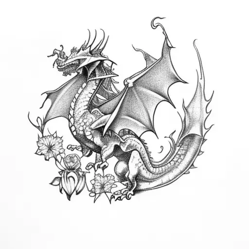 Non-winged Dragon With Flowers On Knee
