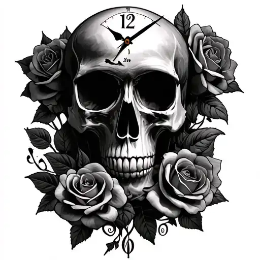 Skull Clock Face And Roses Growing