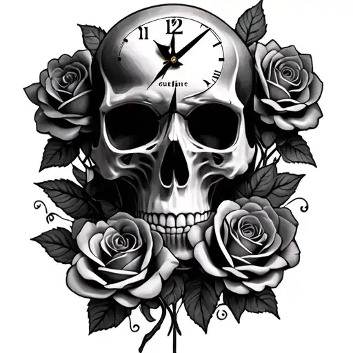 Skull Clock Face And Roses Growing