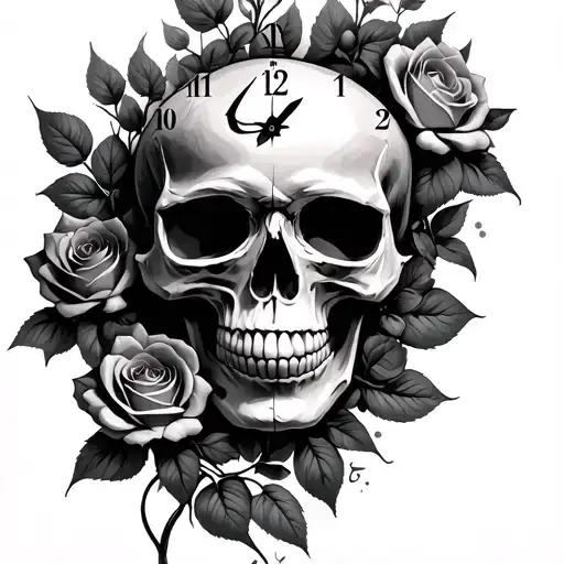 Skull Profile Clock Face And Roses Growing Inside