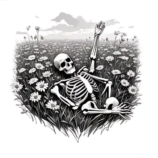 Skeleton Laying In A Field Of Flowers With One Hand To The Sky