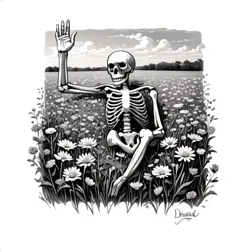 Skeleton Laying Flat In A Field Of Flowers With One Hand To The Sky