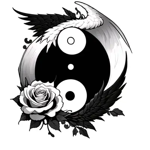 A Yin Yang Symbol With Angle Wing And A Demon Wing With A Rose In The Background