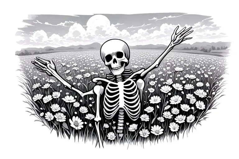 Skeleton In A Field Of Flowers With One Hand Outstretched Toward The Sky