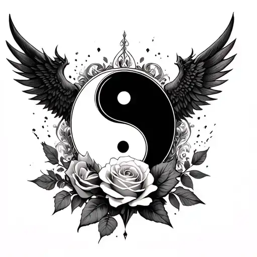 A Yin Yang Symbol With Angle Wing And A Demon Wing With A Rose In The Background