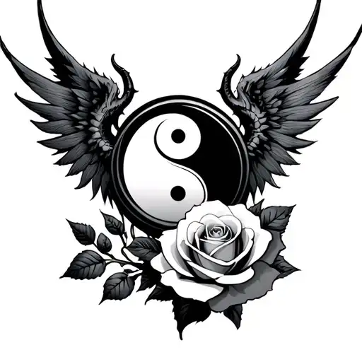 A Yin Yang Symbol With Angle Wing And A Demon Wing With A Rose In The Background Gothic Emo
