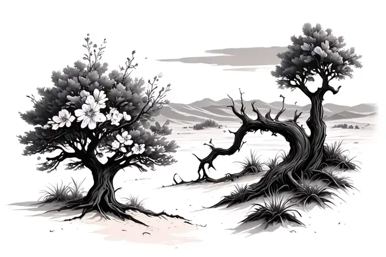 Desert To Oasis With Half Dead Half Blossoming Tree