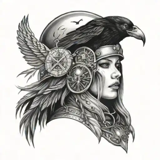 Woman Vilkyrie Helmet With Viking Compass And Odens Crows