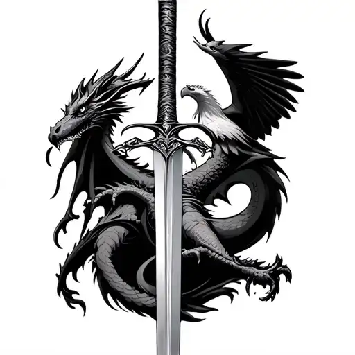 Dragon And Sword And Eagle Flying
