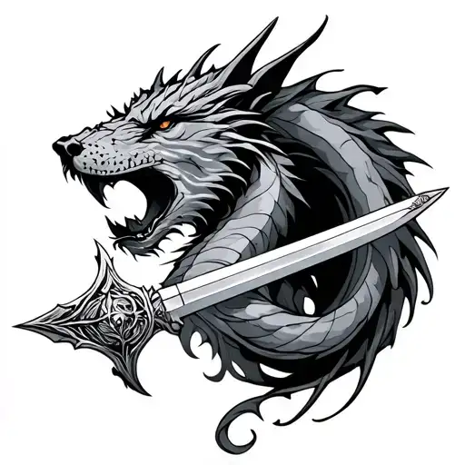 Dragon And Sword And Wolf Howling