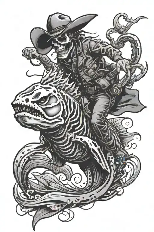 Skeleton Fish Jumping Cowboy Riding