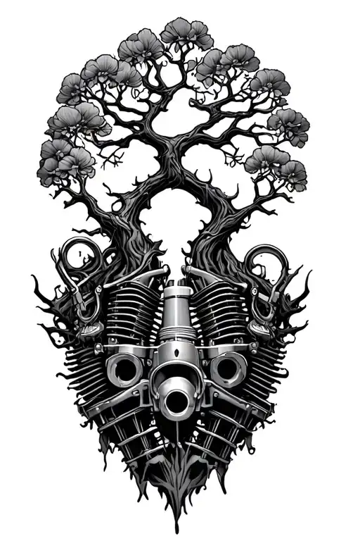 Midevil Tree Of Life And V-twin Engine Intertwined