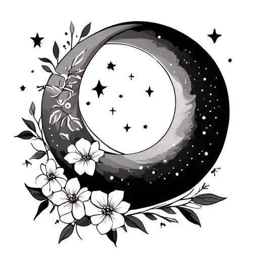 Crescent Moon With Stars And Flowers As A Small Tattoo Behind The Ear On The Neck
