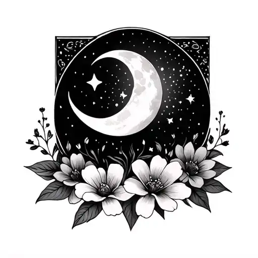 Crescent Moon With Flowers And Stars Under Moon As A Small Tattoo Behind The Ear On The Neck