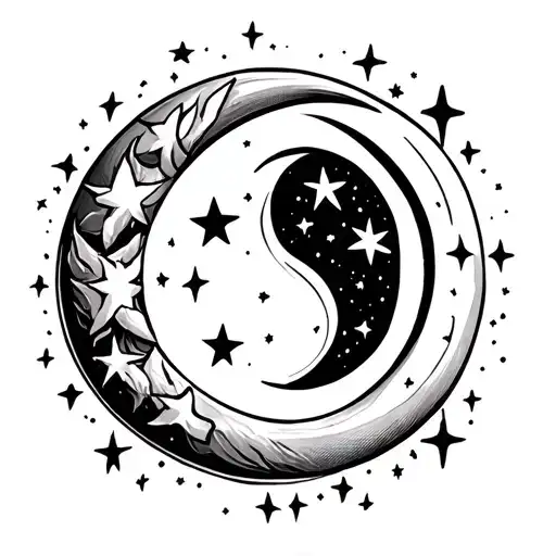 Crescent Moon With Stars Under Moon As A Small Tattoo Behind The Ear On The Neck