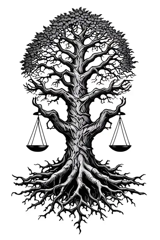 Midevil Tree Of Life With Roots Intertwined With Libra Scales
