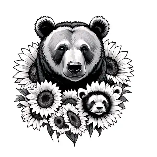 Mama Bear With 2 Cubs And Sunflowers Wrapped Length Wise