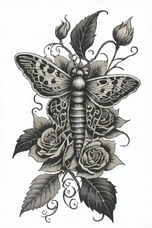 Death Moth With Vines Faced With A Centipede Wrapped Around A Flower