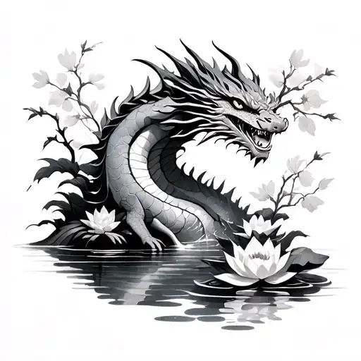 Dragon With Cherry Blossoms And A Water Feature With Lotus Flowers