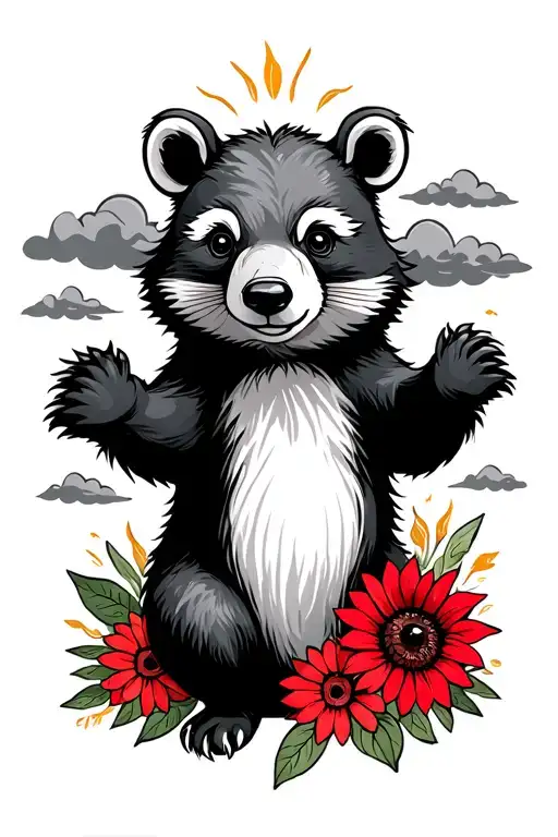 Black Bear Ratcoon With Clouds Surrounding And Cardinal And Sun Flower On The Bottom
