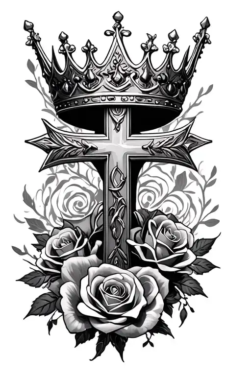 Cross With A Crown Ontop Of It With Roses Intertwined