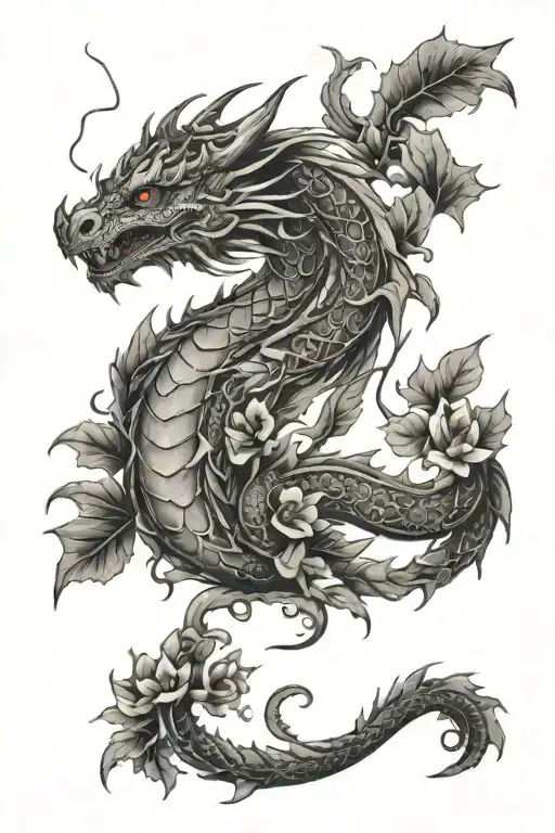 Dragon And Flowers And Leaves Intertwined