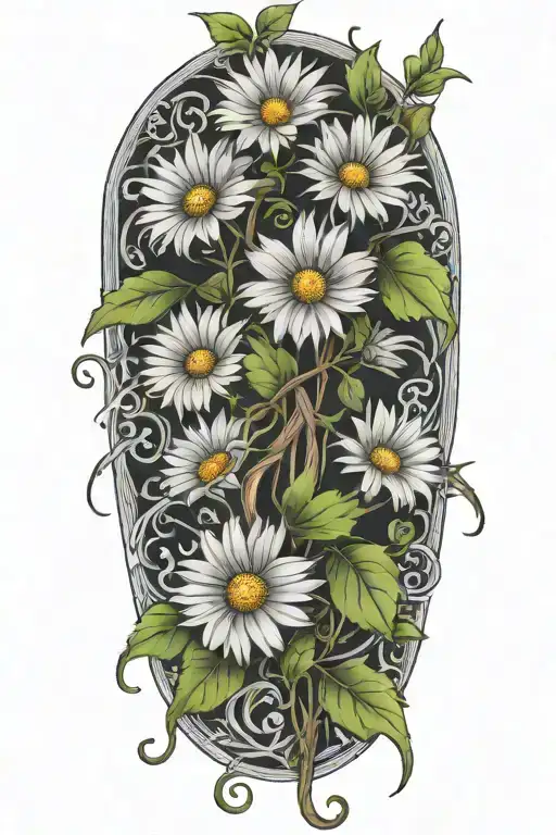 A Single Long Narrow Vine With Green Leaves And Daisy Flowers