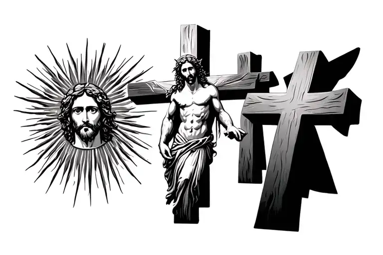 Jesus With Thorns Next To 3 Crosses With Sun Rays