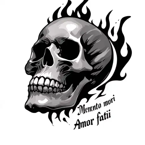 Skull And Flames With Memento Mori Amor Fati Written