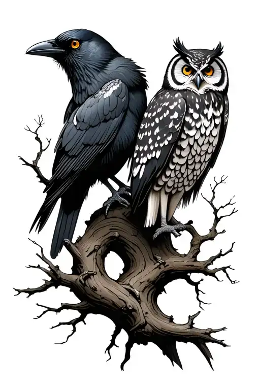 Gnarly Tree Branches With Crow And Owl Perched