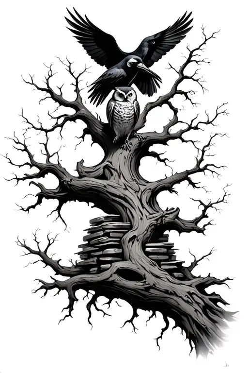 Gnarly Tree With Crow And Owl Perched Atop A Stack