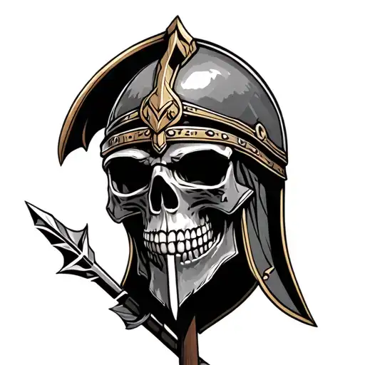 Skull With Trojan Helmet On Spear Piercing