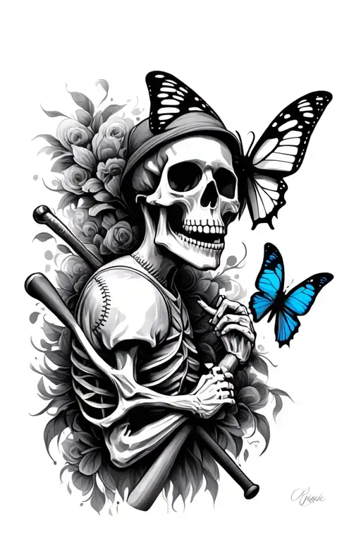 Skeleton With Baseball Bat And Butterfly